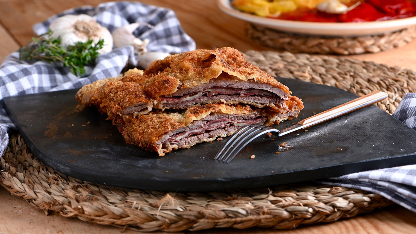 CACHOPO ASTURIANO CON CHIPS DE BONIATO FRITO